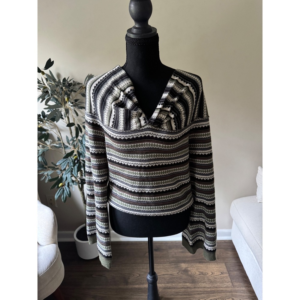 Thorn & Fable XL Fair Isle Cowl Neck Open Back Reversible Sweater Olive Brown